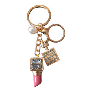 Lipstick, Perfume Bottle, Pearl Rhinestone Purse Charm Keychain in Pink Bling